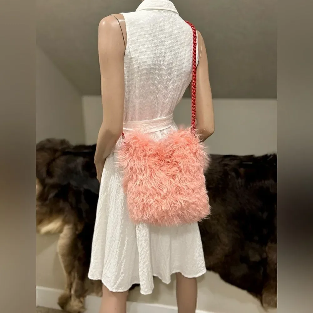 Genuine Curly Lamb Fur Handmade Leather Braided Handles Tote Bag, Crossbody
